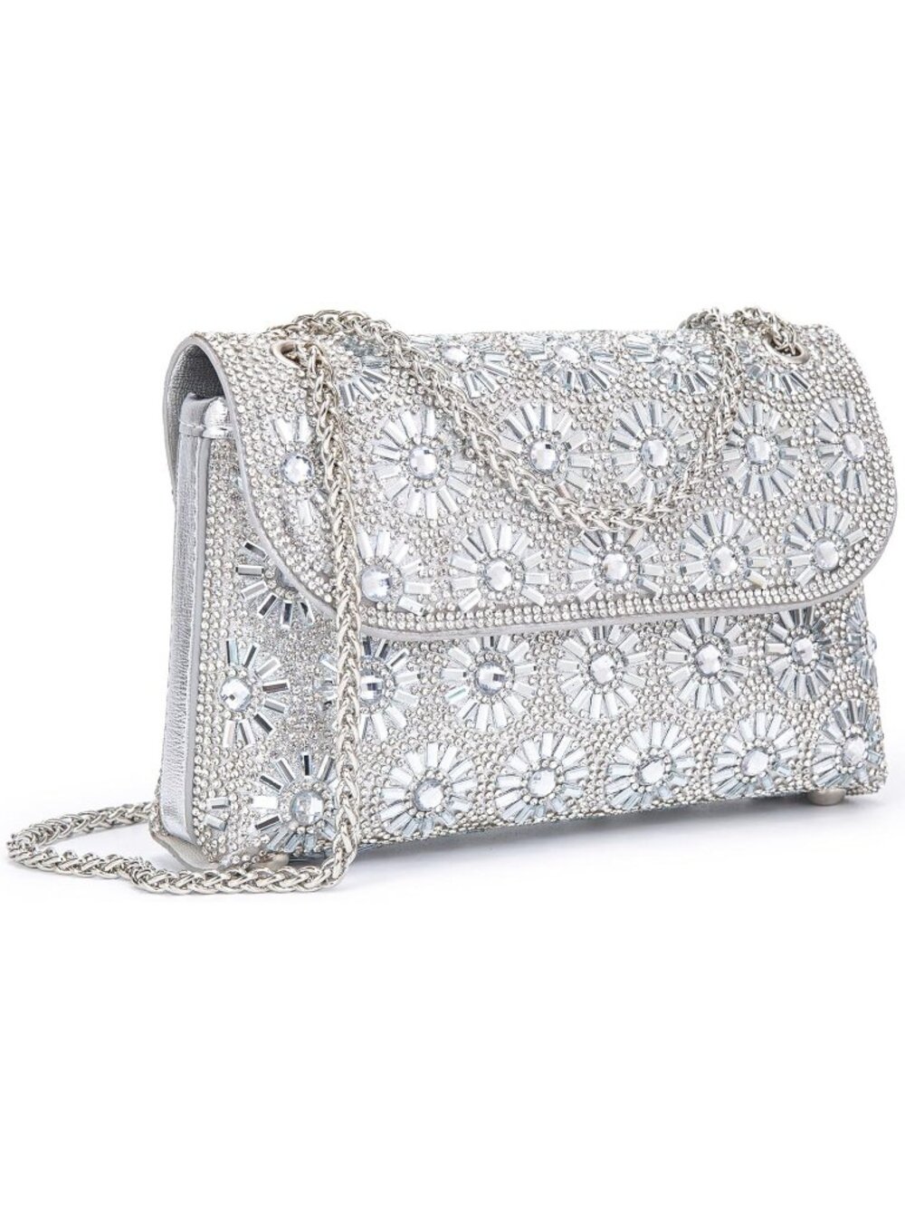 Women's Silvery Rhinestone Evening Clutch Bag with Chain Strap Shoulder Purse